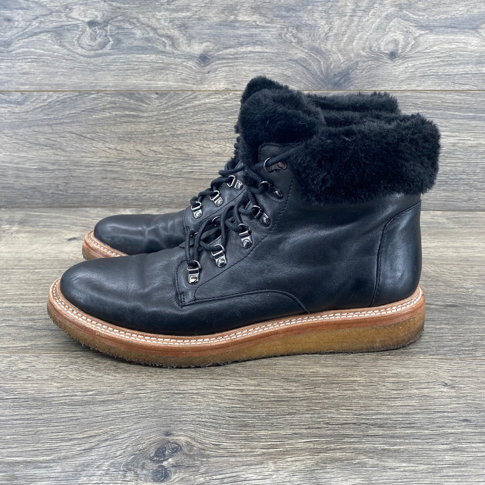 Botkier Combat Boots Womens 10 Black Leather Faux Fur Trim Crepe Sole Hiker